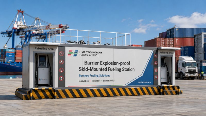 Skid-mounted fuel station prepared for export shipment at an industrial port