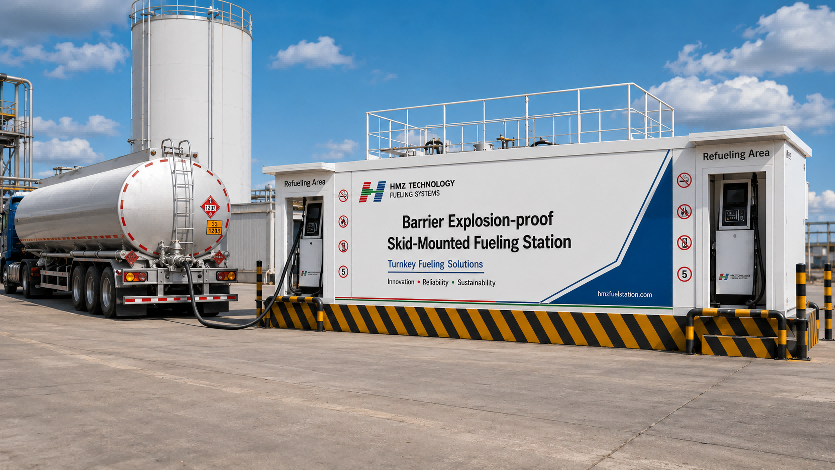 Tanker truck unloading fuel into a skid-mounted fuel station at an industrial site.jpg